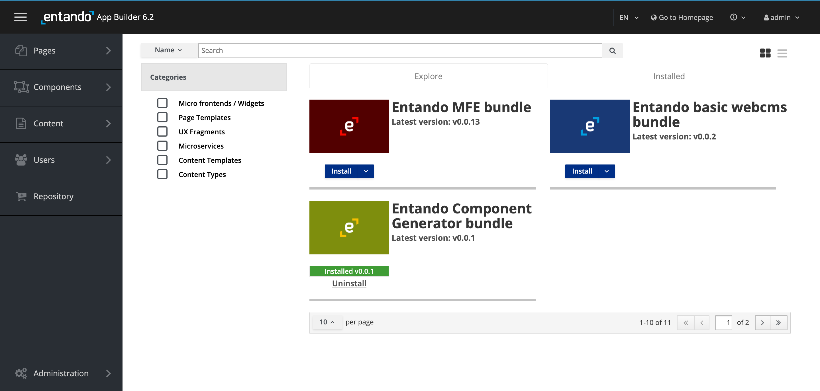 ECR User interface in Entando App Builder